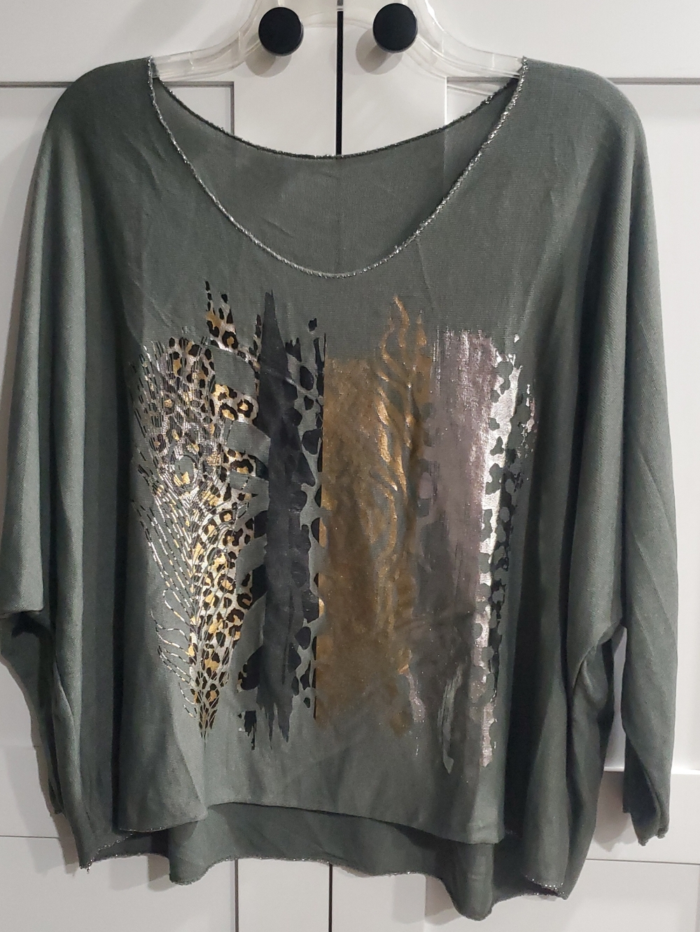 Olive Green Metallic-Accent Animal Print Women's Top